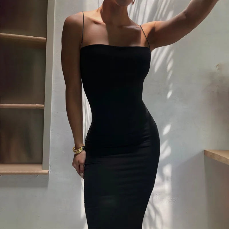 Summer Black Sexy Dress Women Streetwear Sleeveless Backless Solid Spaghetti Strap Bodycon Casual Clubwear Elegant Party Dresses